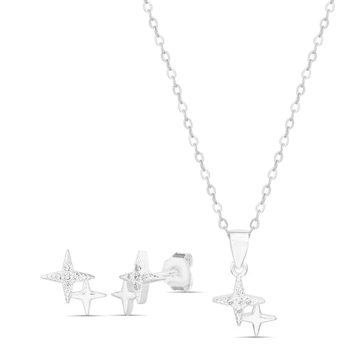 Sterling Silver Solid & CZ Stars Necklace/Earrings Set - Allyanna Gifts