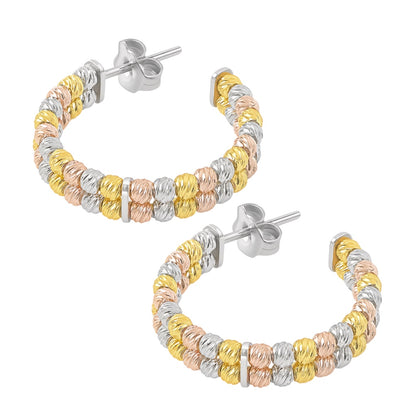 Sterling Silver Round Diamond Cut Bead Double Row Post Hoop Earrings