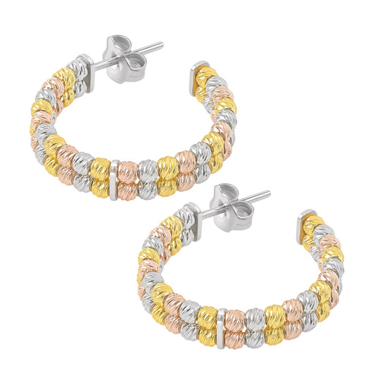 Sterling Silver Round Diamond Cut Bead Double Row Post Hoop Earrings