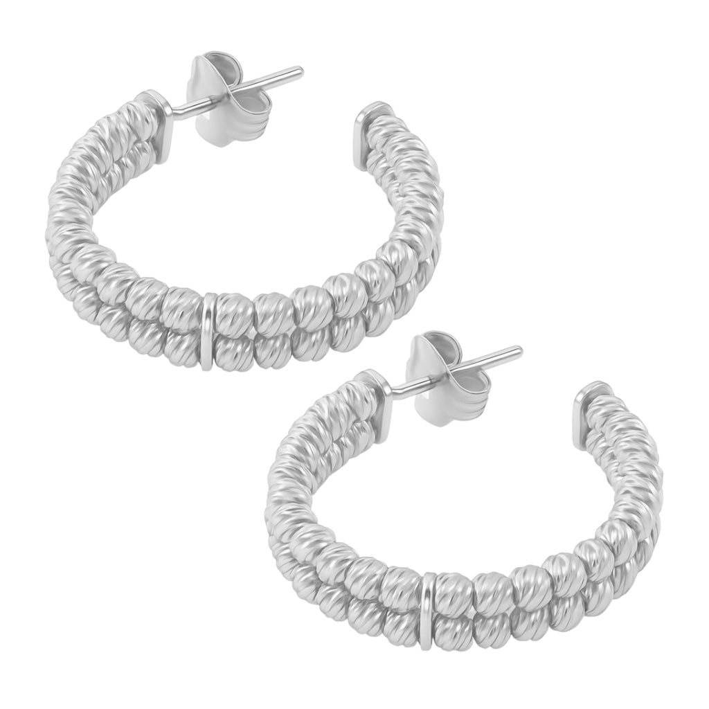Sterling Silver Round Diamond Cut Bead Double Row Post Hoop Earrings