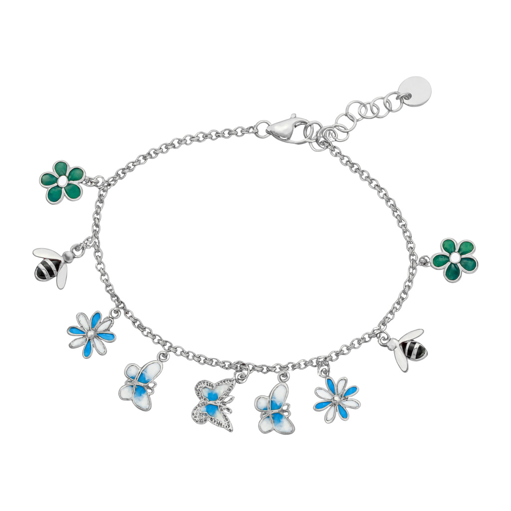 Sterling Silver Colorful Flower, Butterfly, Bee Charm Bracelet (7" + 1.5")