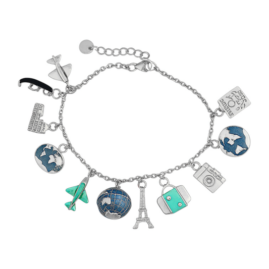 Sterling Silver Blue Travel Charm Bracelet (6"+1.5")