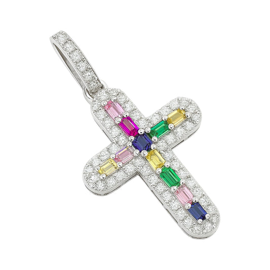 Sterling Silver 0.87 CTW Clear Moissanite / Multi Color Baguette CZ Cross Pendant