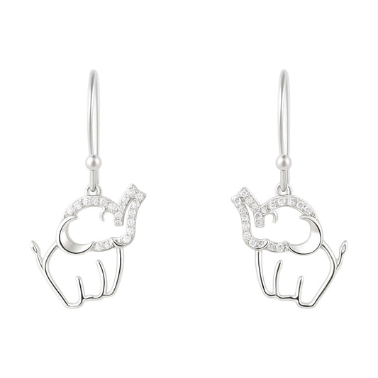 Sterling Silver Moissanite Pave Elephant Dangling French Wire Earrings