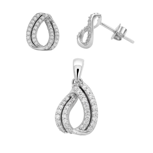 Sterling Silver CZ Pave Twisted Pear Shape Pendant/Earrings Set