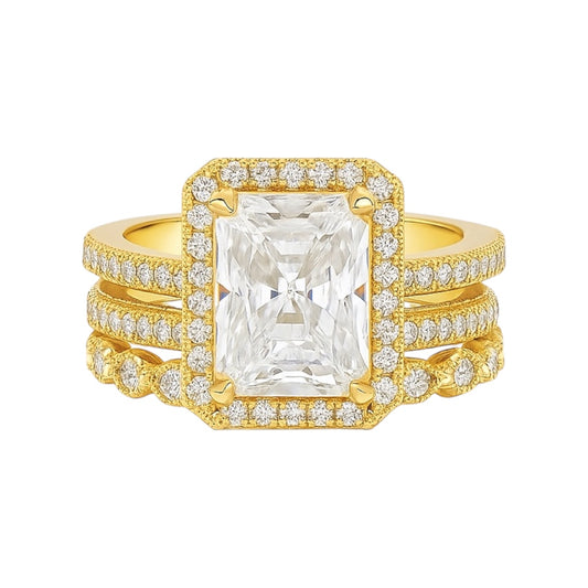Sterling Silver 3.0ct Radiant Cut Halo Moissanite Three Ring Set