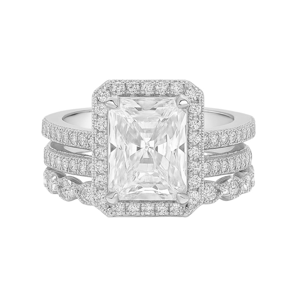 Sterling Silver 3.0ct Radiant Cut Halo Moissanite Three Ring Set