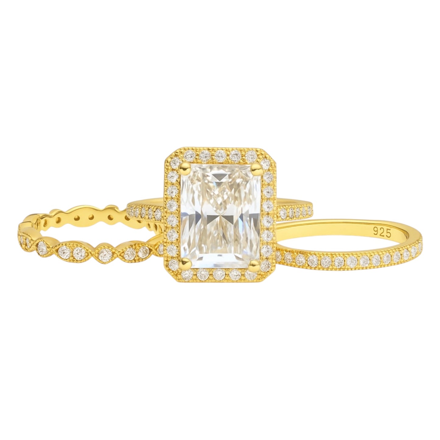 Sterling Silver 3.0ct Radiant Cut Halo Moissanite Three Ring Set