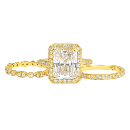 Sterling Silver 3.0ct Radiant Cut Halo Moissanite Three Ring Set