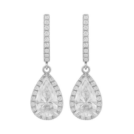 Sterling Silver Moissanite 1.8ct Pear Shape Halo Drop Huggie Earrings