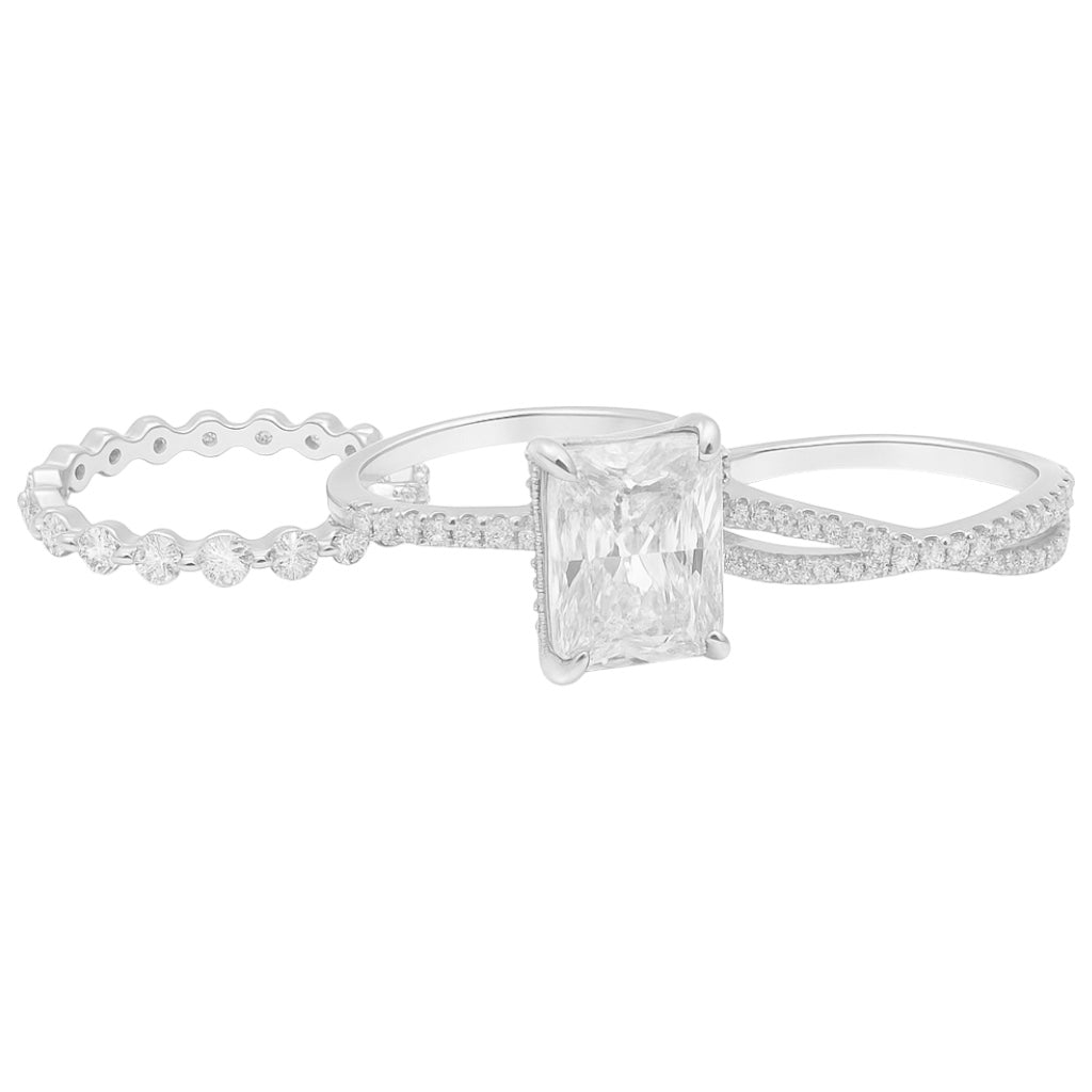 Sterling Silver 4.0ct Radiant Cut Moissanite 3 Piece Ring Set