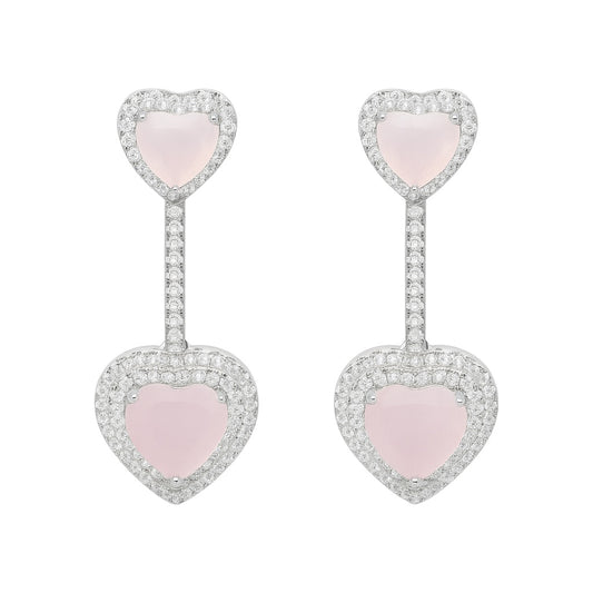 Sterling Silver CZ Pink Heart Halo Dangling Earrings