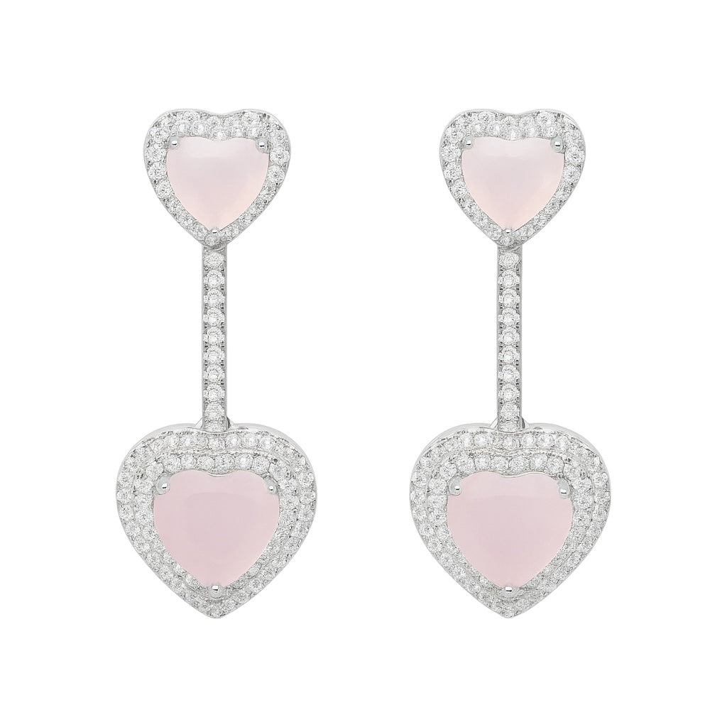 Sterling Silver CZ Pink Heart Halo Dangling Earrings