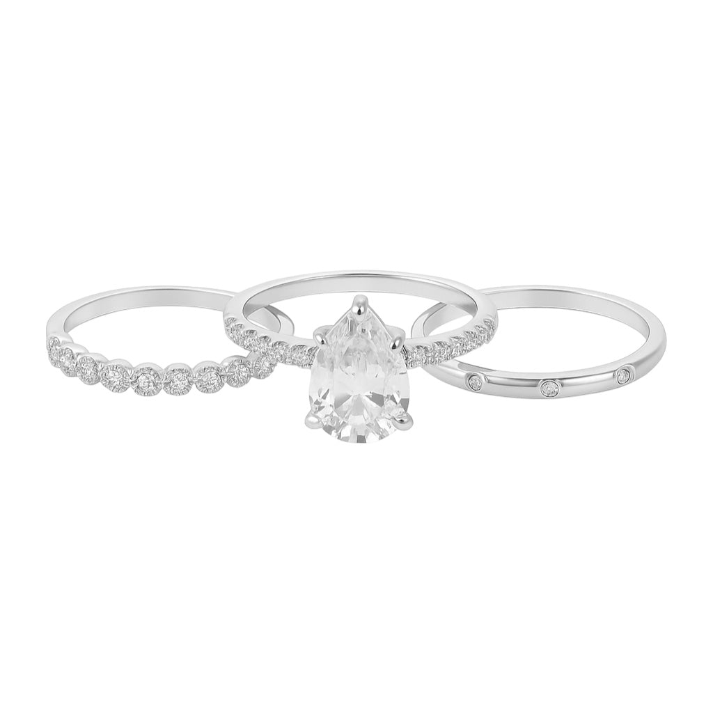 Sterling Silver 2.0ct Pear Shape Moissanite Stackable 3 Piece Ring Set