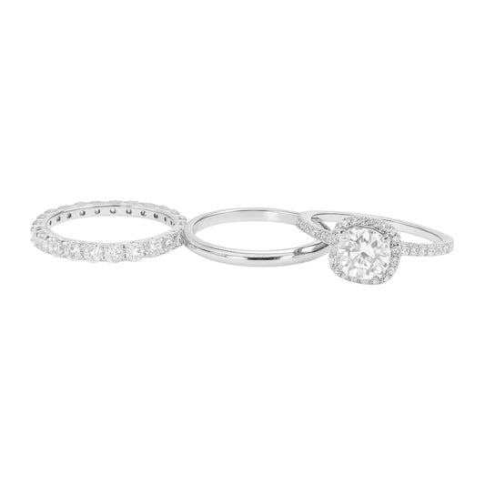 Sterling Silver 1.0ct Cushion Cut Halo Moissanite Eternity Band Stackable 3 Piece Ring Set