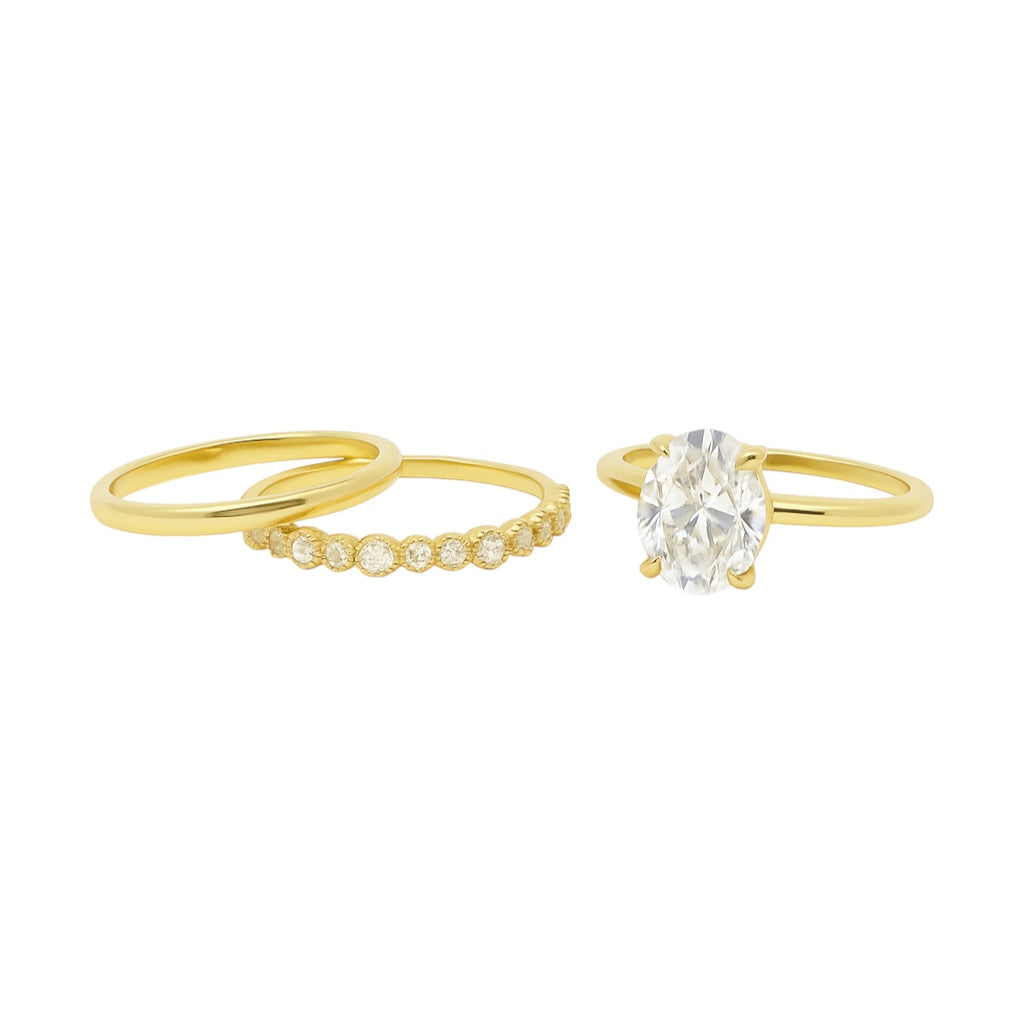 Sterling Silver 2.0ct Oval Solitaire Moissanite Stackable Bands 3 Piece Ring Set