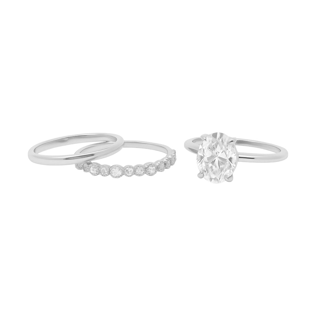 Sterling Silver 2.0ct Oval Solitaire Moissanite Stackable Bands 3 Piece Ring Set
