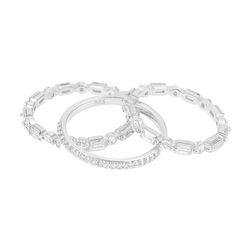 Sterling Silver Alternating Baguette & Round Moissanite Stackable Eternity Bands Set