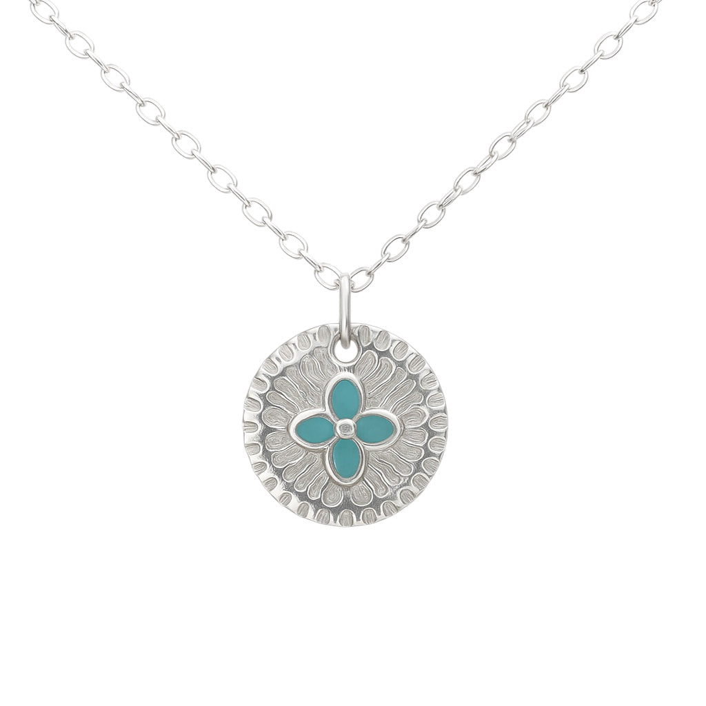 Sterling Silver Turquoise Enamel Flower Diamond Cut Necklace