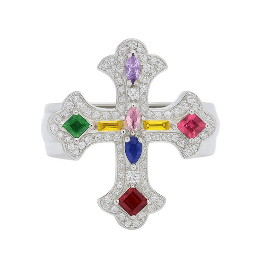 Sterling Silver Multi Color CZ And Clear Moissanite Men's Cross Ring