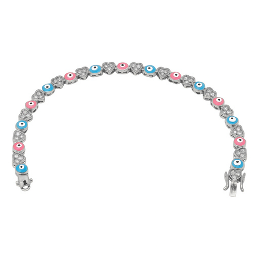 Sterling Silver Alternating CZ Heart & Blue/Pink Enamel Evil Eye Bracelet (7")