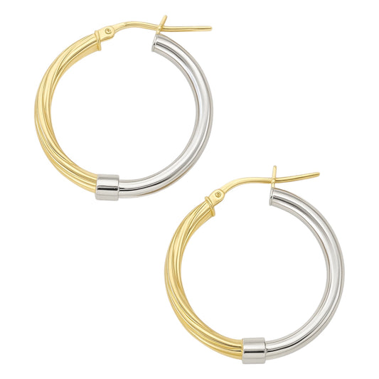 Sterling Silver Two Tone Half Twisted Design Round Hoop Earrings