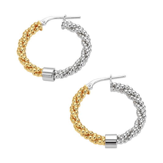 Sterling Silver Two Tone Beaded Twisted Round Hoop Earrings