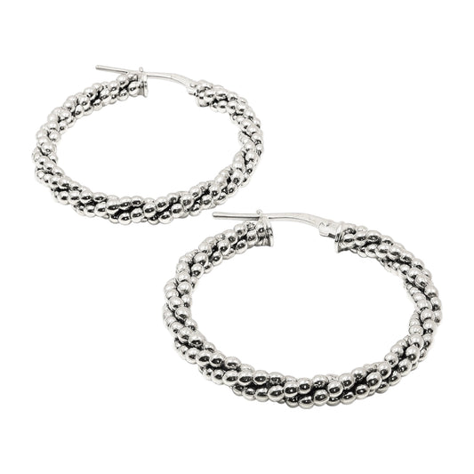 Sterling Silver Rhodium Beaded Twisted Round Hoop Earrings