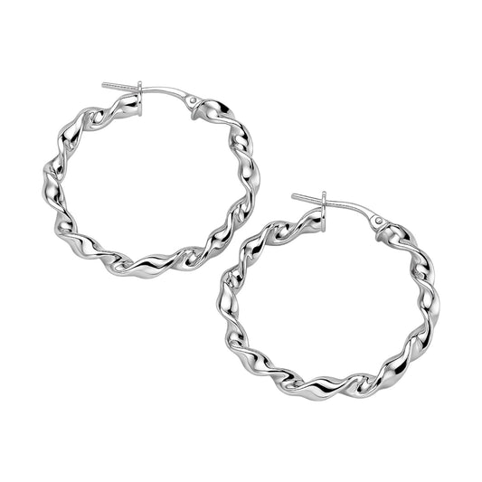 Sterling Silver Rhodium 33mm Twisted Round Hoop Earrings
