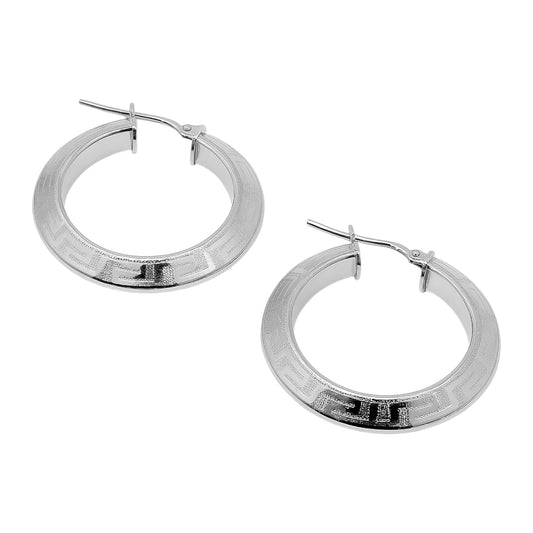 Sterling Silver Rhodium Greek Key Design Beveled Hoop Earrings