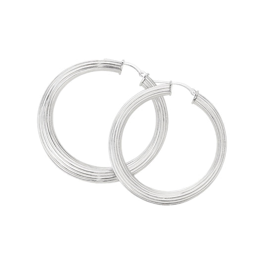 Sterling Silver Rhodium 42MM Ribbed Twisted Hoop Earrings
