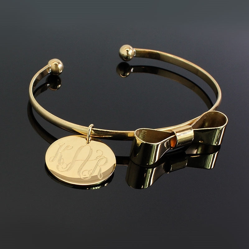 Bow Tie Bracelets with Engraved Monogram Disc - Allyanna Gifts