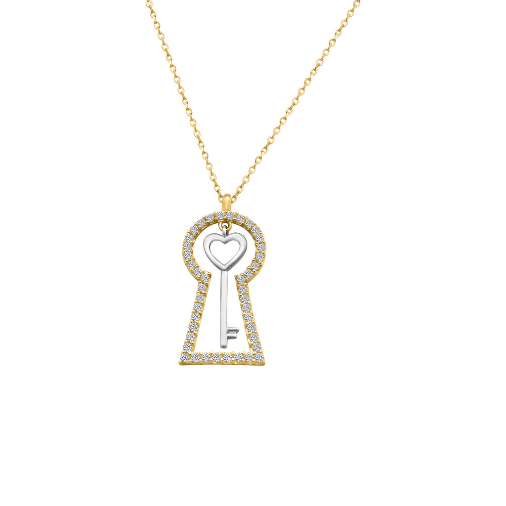 14k Solid Gold Lock w/ White Gold Heart Key CZ Necklace