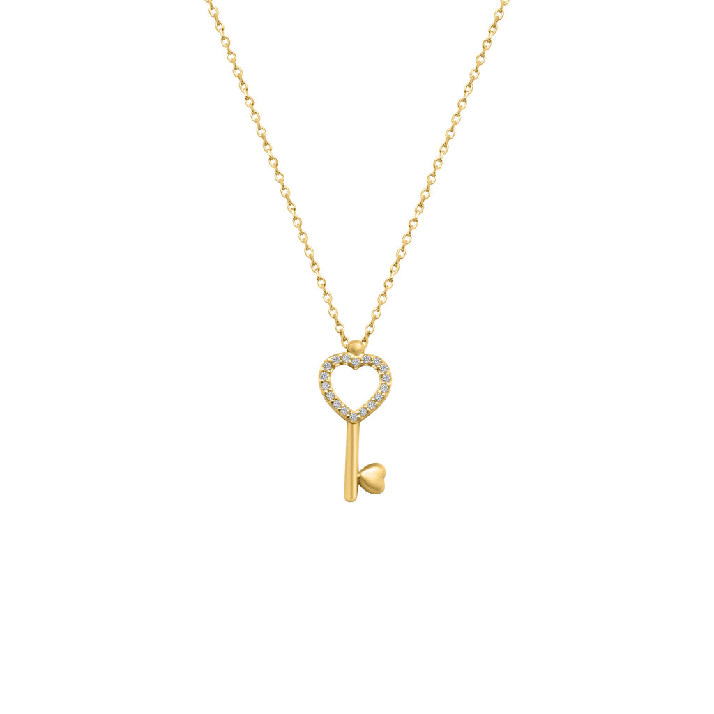 14k Solid Gold Heart Key Necklace with CZ