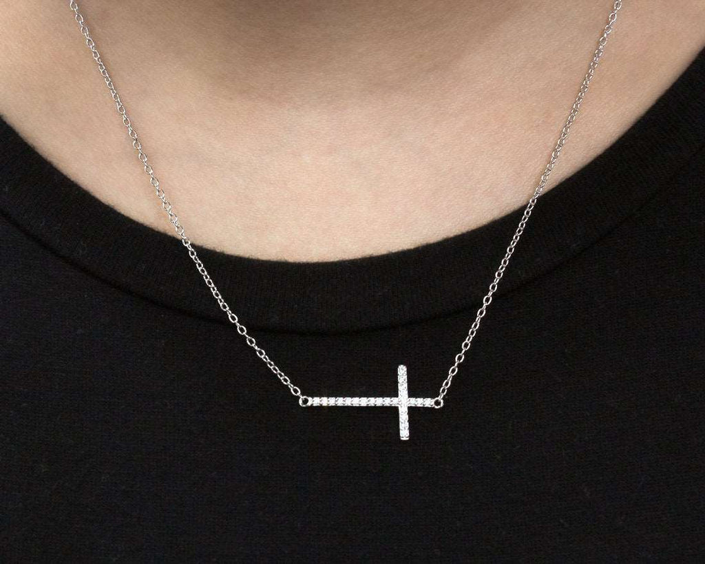 Beautiful Cz Sideways Cross Necklace - Allyanna Gifts