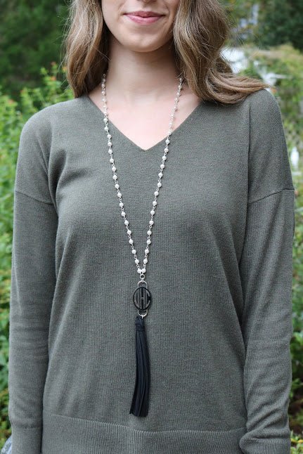 Black Tassel Pearl Engraved Necklace - Allyanna GiftsNECKLACE