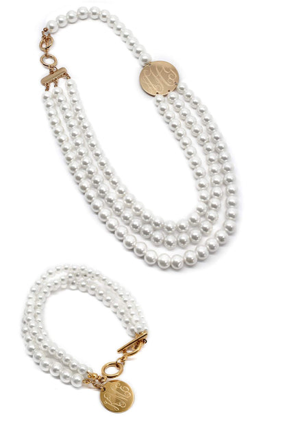 Classic Layered Pearl Engraved Necklace and Bracelet Set (Silver & Gold) - Allyanna GiftsJEWELRY