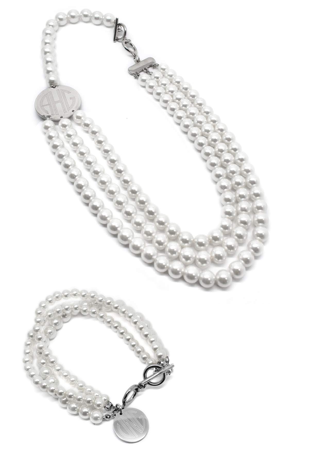 Classic Layered Pearl Engraved Necklace and Bracelet Set (Silver & Gold) - Allyanna GiftsJEWELRY