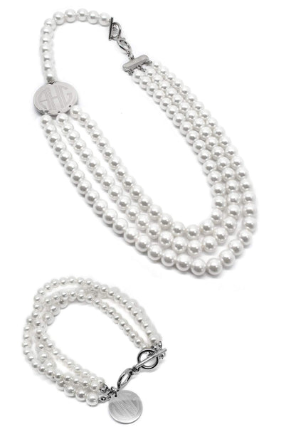 Classic Layered Pearl Engraved Necklace and Bracelet Set (Silver & Gold) - Allyanna GiftsJEWELRY