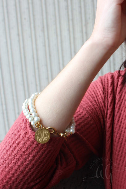 Classic Layered Pearl Engraved Necklace and Bracelet Set (Silver & Gold) - Allyanna GiftsJEWELRY