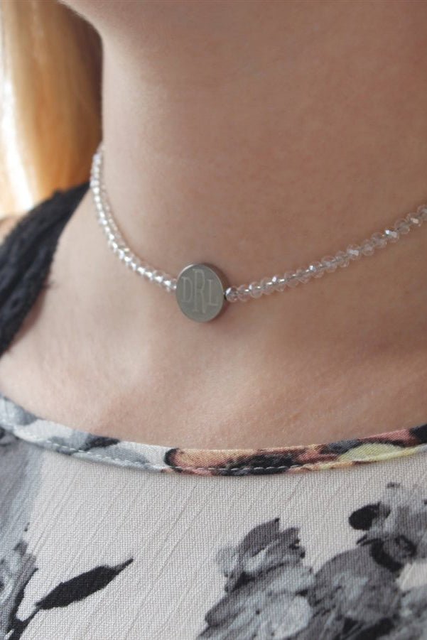 Clear Crystal Beaded Choker with Engraved Stainless Steel Disc - Allyanna GiftsMONOGRAM + ENGRAVING