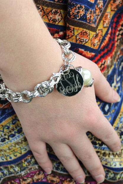 Double Chain Monogrammed Pearl Link Bracelet - Allyanna GiftsMONOGRAM + ENGRAVING
