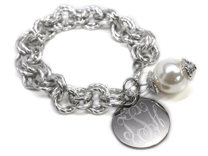 Double Chain Monogrammed Pearl Link Bracelet - Allyanna GiftsMONOGRAM + ENGRAVING