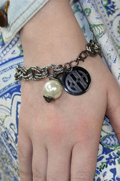 Double Chain Monogrammed Pearl Link Bracelet - Allyanna GiftsMONOGRAM + ENGRAVING