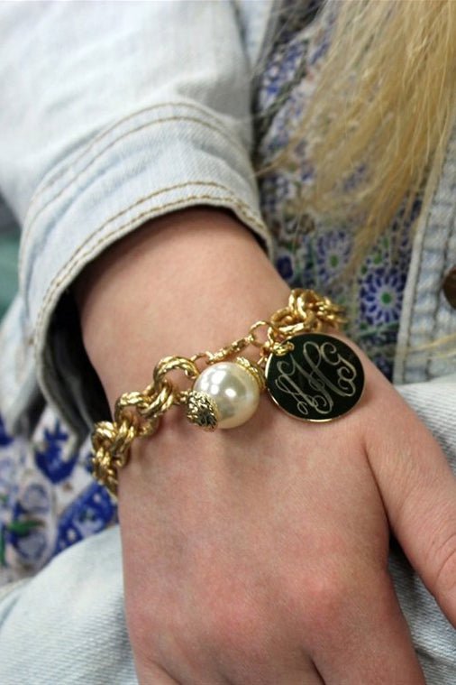 Double Chain Monogrammed Pearl Link Bracelet - Allyanna GiftsMONOGRAM + ENGRAVING