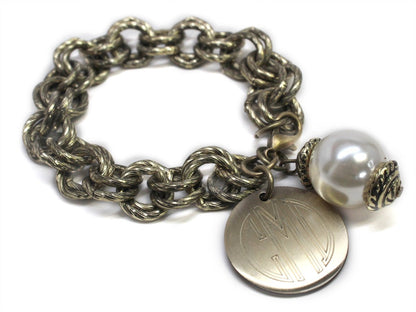 Double Chain Monogrammed Pearl Link Bracelet - Allyanna GiftsMONOGRAM + ENGRAVING
