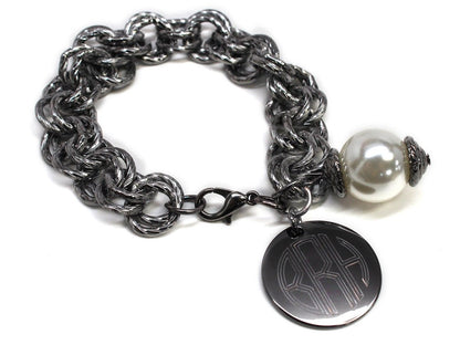Double Chain Monogrammed Pearl Link Bracelet - Allyanna GiftsMONOGRAM + ENGRAVING