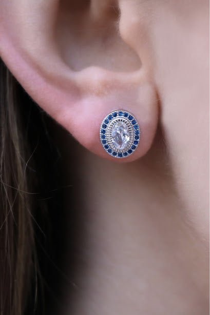 Elegant Sapphire Halo Oval Posts and Necklace Pendant Set - Allyanna GiftsEARRINGS
