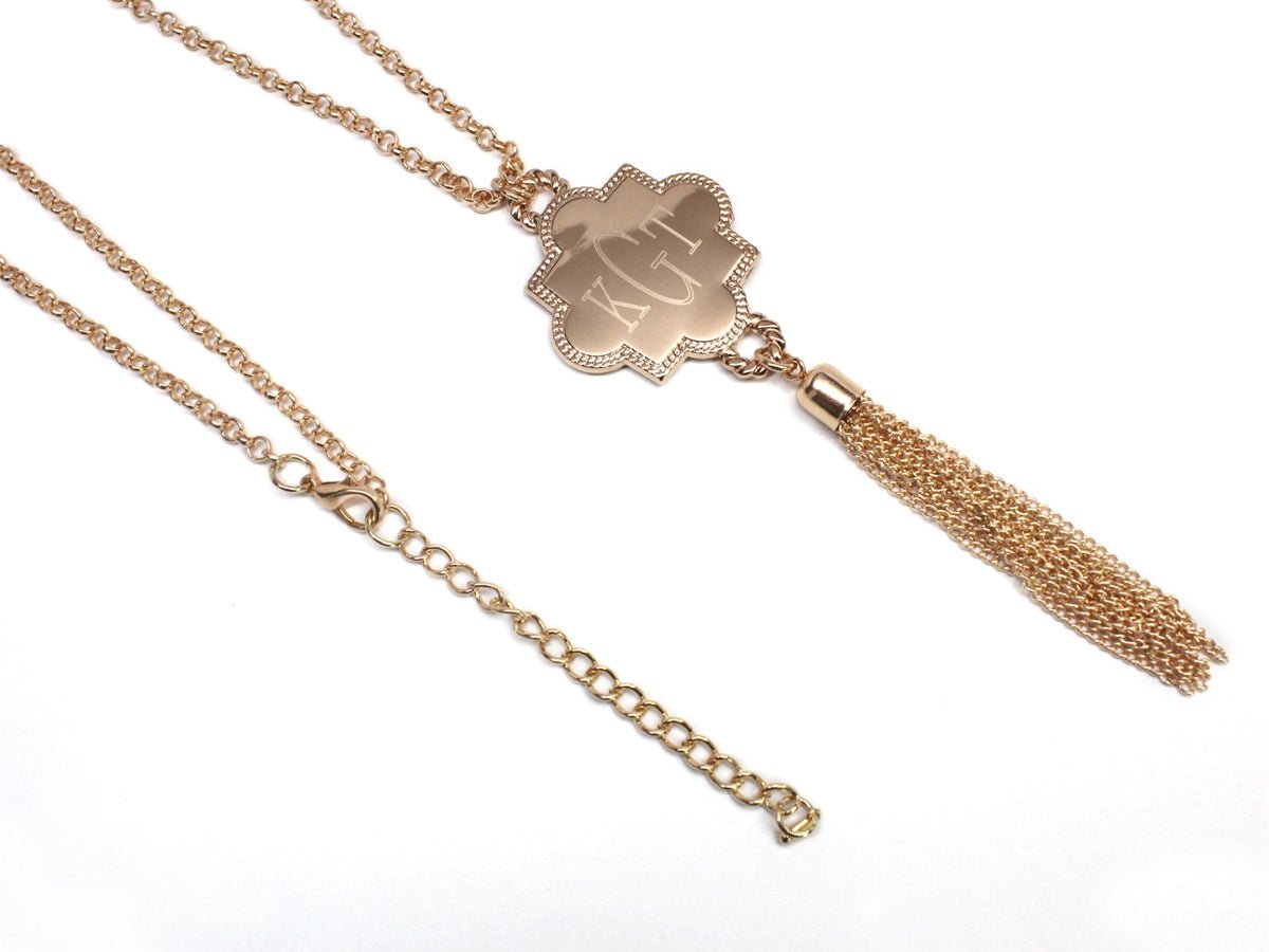 Engravable Quatrefoil Tassel Necklace - Allyanna GiftsMONOGRAM + ENGRAVING