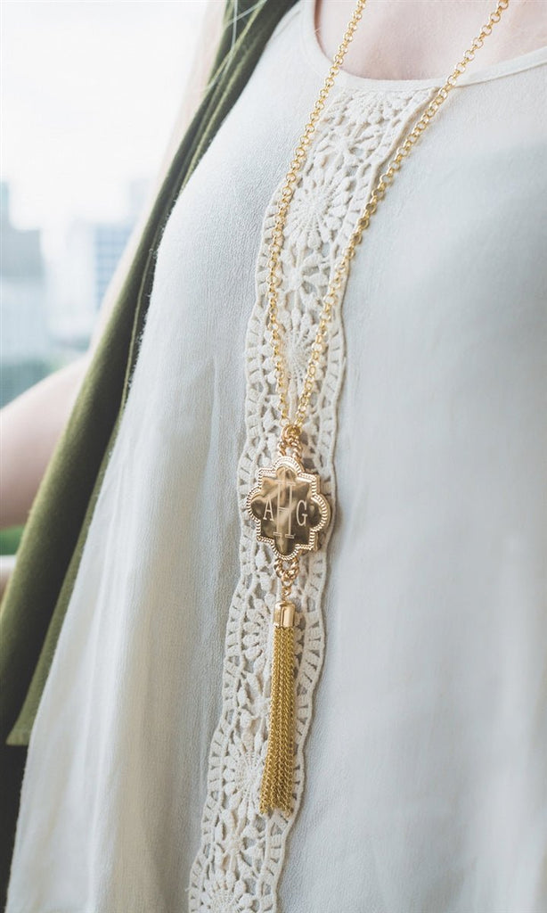 Engravable Quatrefoil Tassel Necklace - Allyanna GiftsMONOGRAM + ENGRAVING